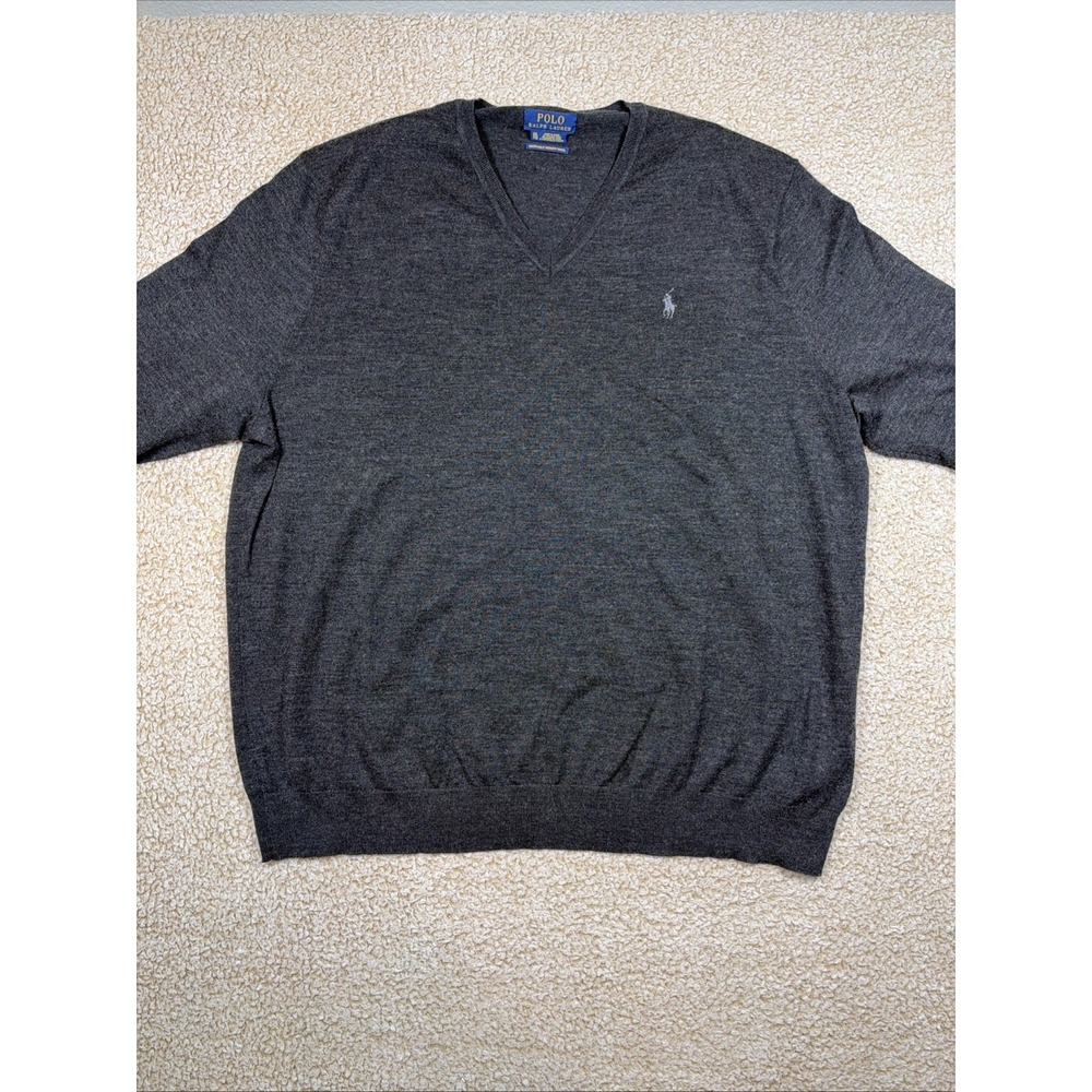 Polo Ralph Lauren V Neck Merino Wool L/S Sweater Men's XXL Gray 2XL
